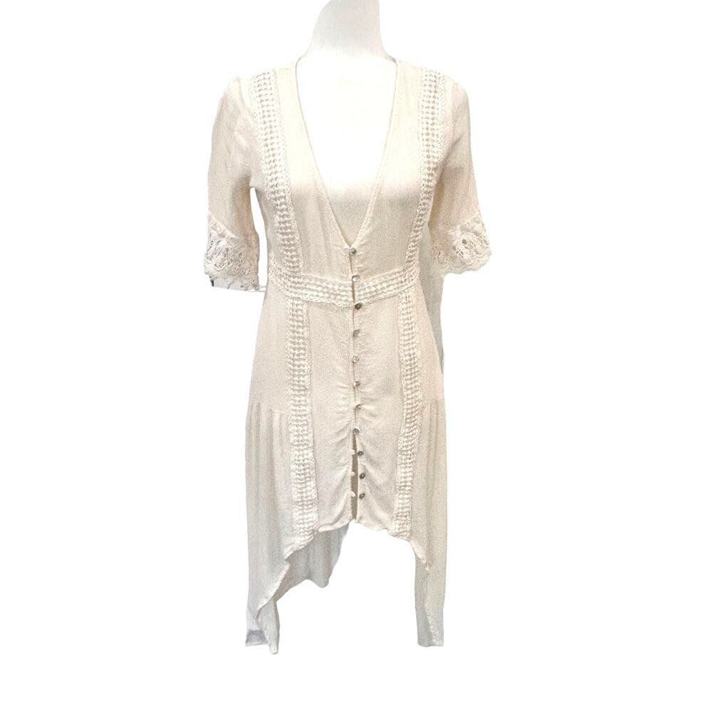 American Rag Cie Off White Rayon Lace Praire Button Front VNeck Dress Medium